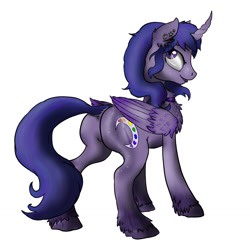 Size: 1280x1280 | Tagged: safe, artist:slouping, oc, oc only, oc:moonbrush, alicorn, pony, alicorn oc, chest fluff, collar, dock, ear fluff, ear piercing, fluffy, lips, looking back, piercing, solo, unshorn fetlocks