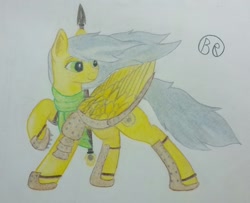 Size: 1024x832 | Tagged: safe, artist:blastradiuss, oc, oc only, oc:radiant resplendence, pegasus, pony, armor, cleric, clothes, dungeons and dragons, pathfinder, pen and paper rpg, ponyfinder, rpg, scarf, solo, spear, weapon