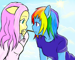 Size: 900x720 | Tagged: safe, artist:geekyartcreator, derpibooru import, fluttershy, rainbow dash, anthro, ambiguous facial structure, female, flutterdash, lesbian, pocky, pocky game, shipping