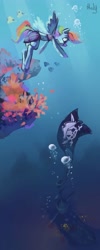 Size: 1724x4311 | Tagged: safe, artist:holivi, derpibooru import, rainbow dash, anthro, jolly roger, ship, solo, sunken ship, underwater, water