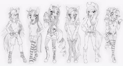 Size: 2947x1574 | Tagged: safe, artist:volcanico, derpibooru import, applejack, fluttershy, pinkie pie, rainbow dash, rarity, twilight sparkle, anthro, earth pony, pony, belly button, clothes, corset, grayscale, hand on hip, mane six, midriff, monochrome, peace symbol, skinny, sweater, sweatershy, traditional art