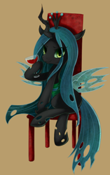 Size: 840x1340 | Tagged: safe, artist:maren, derpibooru import, queen chrysalis, changeling, changeling queen, chair, cute, cutealis, hoof hold, looking at you, sitting, smiling, solo, wine, wine glass