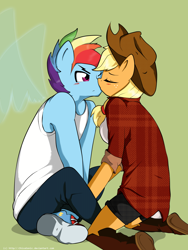 Size: 1536x2048 | Tagged: safe, artist:nolycs, derpibooru import, applejack, rainbow blitz, rainbow dash, anthro, appleblitz (straight), appledash, blushing, clothes, female, half r63 shipping, jeans, kissing, male, pants, plaid shirt, rule 63, shipping, shorts, sneakers, straight, transparent wings, vest