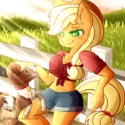 Size: 1500x1500 | Tagged: safe, artist:evehly, derpibooru import, applejack, winona, anthro, earth pony, pony, applerack, belly button, breasts, clothes, female, fence, front knot midriff, midriff, petting, shorts