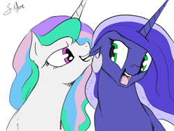 Size: 1280x960 | Tagged: safe, artist:rawiltshire103, artist:silfoe, derpibooru import, princess celestia, princess luna, alicorn, pony, biting, ear bite, glare, grin, nom, open mouth, simple background, smiling