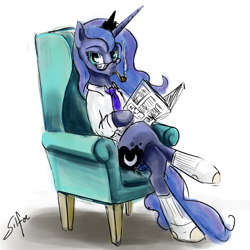 Size: 1280x1280 | Tagged: safe, artist:silfoe, derpibooru import, princess luna, alicorn, pony, chair, clothes, crossed legs, father's day, glasses, lunadoodle, newspaper, pipe, reading, shirt, sitting, smoking, socks, solo