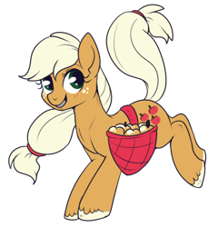 Size: 449x468 | Tagged: source needed, safe, artist:lulubell, derpibooru import, applejack, earth pony, pony, applebucking, bucking, cute, golden apple, grin, hatless, limited palette, looking at you, looking back, missing accessory, raised tail, simple background, smiling, solo, transparent background, vector