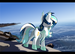 Size: 1422x1014 | Tagged: safe, artist:owlity, oc, oc only, oc:wistful galaxy, bat pony, pony, ocean, solo