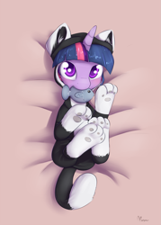 Size: 1125x1575 | Tagged: safe, artist:alasou, derpibooru import, twilight sparkle, fish, pony, unicorn, animal costume, behaving like a cat, clothes, costume, cute, female, legs in air, looking at you, mare, mouth hold, nom, on back, pajamas, paw print hooves, paws, smiling, solo, twiabetes, twilight cat