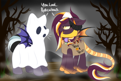 Size: 1024x683 | Tagged: safe, artist:pvrii, oc, oc only, oc:candle wick, oc:samhain, clothes, costume, nightmare night costume