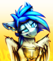 Size: 1709x1947 | Tagged: safe, artist:ralek, oc, oc only, oc:sapphire sights, pegasus, pony, aperture, augmented, bridge piercing, bust, eyebrow piercing, fire, gauges, glowing eyes, joule, piercing, portrait, solo, wingblade