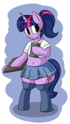 Size: 2430x4320 | Tagged: safe, artist:andelai, twilight sparkle, pony, semi-anthro, unicorn, belly, belly button, bipedal, book, clothes, cute, female, kneesocks, midriff, miniskirt, pleated skirt, ponytail, shirt, short shirt, simple background, skirt, socks, solo, thigh highs, wide hips, zettai ryouiki