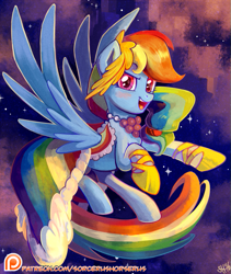 Size: 771x913 | Tagged: safe, artist:sorcerushorserus, rainbow dash, pegasus, pony, the best night ever, blushing, clothes, commission, dress, female, gala dress, horseshoes, looking at you, mare, night, open mouth, patreon, patreon logo, solo, stars