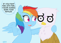 Size: 1050x743 | Tagged: safe, artist:higglytownhero, derpibooru import, edit, gilda, rainbow dash, griffon, pegasus, pony, advice, cr1tikal, frown, look of disapproval, open mouth, smiling, speech bubble, spread wings, underhoof, wat