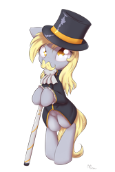 Size: 1000x1500 | Tagged: safe, artist:alasou, derpibooru import, derpy hooves, pony, bipedal, cane, clothes, hat, like a sir, moustache, solo, top hat