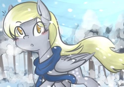 Size: 1069x748 | Tagged: safe, artist:lilliesinthegarden, derpy hooves, pegasus, pony, clothes, colored pupils, earbuds, female, mare, scarf, snow, snowfall, solo, tree