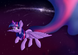 Size: 1280x905 | Tagged: safe, artist:violyre, twilight sparkle, twilight sparkle (alicorn), alicorn, pony, female, flying, mare, night, solo