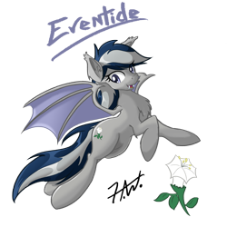 Size: 3000x3000 | Tagged: safe, artist:muggyheatwave, oc, oc only, oc:daturea eventide, bat pony, pony, cute, cutie mark, fangs, flower, fluffy, flying, looking at you, open mouth, simple background, smiling, solo, spread wings, transparent background