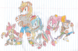 Size: 1024x670 | Tagged: safe, artist:knigshadow40, derpibooru import, apple bloom, applejack, pinkie pie, rainbow dash, scootaloo, anthro, earth pony, plantigrade anthro, pony, applejacked, lined paper, sonic boom, sonic the hedgehog (series), sonicified, traditional art