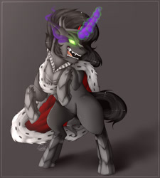 Size: 1800x2000 | Tagged: safe, artist:evehly, derpibooru import, king sombra, pony, unicorn, fangs, glowing eyes, glowing horn, magic, open mouth, rearing, simple background, solo