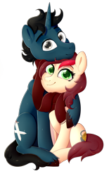 Size: 1777x2860 | Tagged: safe, artist:meowcephei, oc, oc only, oc:appleale, oc:slashing prices, earth pony, pony, unicorn, 2018 community collab, appleslashing, clothes, couple, cutie mark, derpibooru community collaboration, female, hug, male, mare, scarf, shared clothing, shared scarf, shipping, simple background, stallion, transparent background