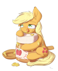 Size: 1325x1625 | Tagged: safe, artist:alasou, derpibooru import, applejack, earth pony, pony, applesauce, appletini, ear fluff, fluffy, hatless, hug, licking lips, messy, messy eating, missing accessory, simple background, smiling, solo, spoon, that pony sure does love apples, tongue out, transparent background