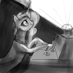 Size: 1280x1280 | Tagged: safe, artist:silfoe, derpibooru import, princess luna, alicorn, pony, grayscale, lunadoodle, monochrome, planetarium, solo