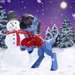 Size: 3000x3000 | Tagged: safe, artist:kuroran, oc, oc only, pony, clothes, moon, rcf community, scarf, snow, snowman, solo, tree, winter