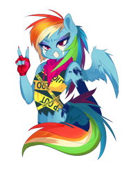 Size: 600x795 | Tagged: safe, artist:buttermutt, derpibooru import, rainbow dash, anthro, caution tape, clothes, fashion, fingerless gloves, gloves, nail polish, peace sign, police tape, solo, tape