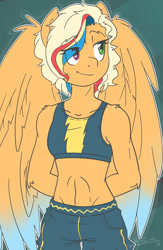 Size: 673x1031 | Tagged: safe, artist:nolycs, oc, oc only, oc:cloud burst, anthro, pegasus, abs, anthro oc, belly button, clothes, freckles, heterochromia, midriff, next generation, offspring, parent:applejack, parent:rainbow blitz, parent:rainbow dash, parents:appleblitz (straight), parents:appledash, sports bra, tomboy