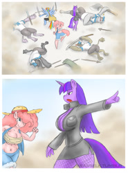 Size: 958x1294 | Tagged: safe, artist:weasselk, derpibooru import, pinkie pie, rainbow dash, twilight sparkle, anthro, diamond dog, digitigrade anthro, belly button, breast binding, breasts, cleavage, comic, crossover, female, fishnet stockings, headlight sparkle, one piece, pinkie pies, pirate, sword, weapon