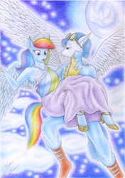 Size: 2462x3499 | Tagged: safe, artist:sinaherib, derpibooru import, rainbow dash, soarin', anthro, carrying, clothes, dress, female, male, shipping, soarindash, straight, traditional art, wonderbolts uniform