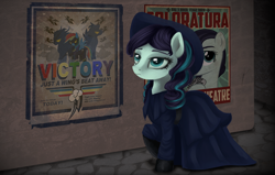 Size: 1700x1080 | Tagged: safe, artist:sakurawolfer, coloratura, rainbow dash, pegasus, pony, fallout equestria, clothes, dress, evening, fanfic, fanfic art, female, hooves, mare, ministry mares, ministry of awesome, poster, propaganda, raised hoof, rara, shadowbolts, solo, spread wings, text, walking, wings