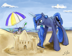 Size: 2000x1545 | Tagged: safe, artist:silfoe, derpibooru import, princess celestia, princess luna, alicorn, pony, :p, beach, determined, magic, ponytail, prone, reading, sandcastle, smiling, telekinesis, tongue out, wet, wet mane