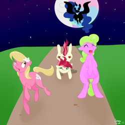 Size: 2000x2000 | Tagged: safe, artist:orcakisses, daisy, flower wishes, lily, lily valley, nightmare moon, roseluck, alicorn, earth pony, pony, flower trio, flying, grass, moon, night, panic, road, running, scared, stars, the horror, tripped