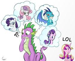 Size: 1030x840 | Tagged: safe, artist:cogweaver, princess cadance, princess ember, rarity, spike, starlight glimmer, sweetie belle, alicorn, dragon, pony, unicorn, :t, :v, adult, adult spike, bedroom eyes, cadance laughs at your misery, colored, confused, cute, emberbetes, emberspike, eyes closed, female, floppy ears, frown, funny, funny as hell, gritted teeth, hilarious in hindsight, laughing, lol, male, older, older spike, older sweetie belle, open mouth, question mark, scrunchy face, shipping, simple background, smiling, sparity, sparlight, spikabetes, spike gets all the mares, spikebelle, straight, thought bubble, tsundember, tsundere, white background, with great power comes great shipping, worried