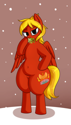 Size: 2160x3840 | Tagged: safe, artist:andelai, oc, oc only, oc:livid lotus, bedroom eyes, belly button, christmas, extra thicc, female, hearth's warming eve, holiday, mistletoe, phoenix pony, snow, solo, thick, thighs, wide hips