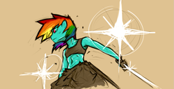 Size: 1023x523 | Tagged: safe, artist:poptart36, derpibooru import, rainbow dash, anthro, abs, badass, katana, solo, sword, weapon