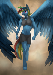 Size: 848x1200 | Tagged: safe, artist:norcus, rainbow dash, anthro, unguligrade anthro, belly button, clothes, goggles, large wings, midriff, muscles, smiling, solo, sports bra, sports shorts