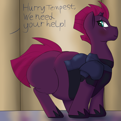 Size: 3500x3500 | Tagged: safe, artist:lupin quill, tempest shadow, pony, my little pony: the movie, belly, big belly, blushing, broken horn, chubby, dialogue, double chin, eye scar, fat, implied twilight sparkle, offscreen character, scar, scrunchy face, solo, speech, tempest blubber, tight clothing
