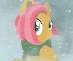 Size: 1451x1200 | Tagged: safe, artist:spookapi, babs seed, clothes, cute, looking at you, older, scarf, snow, snowfall, solo