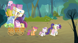 Size: 1178x660 | Tagged: safe, screencap, rarity, scootaloo, sweetie belle, pony, unicorn, sleepless in ponyville, camping outfit, luggage, luggage cart