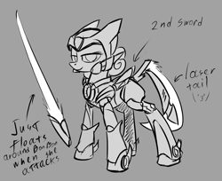 Size: 1388x1135 | Tagged: safe, artist:underpable, derpibooru import, bon bon, sweetie drops, armor, crossover, grayscale, megaman, megamare, monochrome, simple background, solo, sword