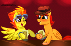 Size: 3054x2000 | Tagged: safe, artist:xwhitedreamsx, spitfire, oc, blushing, drunk, hat, sunglasses