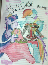 Size: 480x640 | Tagged: safe, artist:tayna1994, derpibooru import, rainbow dash, twilight sparkle, twilight sparkle (alicorn), anthro, female, lesbian, lined paper, revolutionary girl utena, shipping, traditional art, twidash