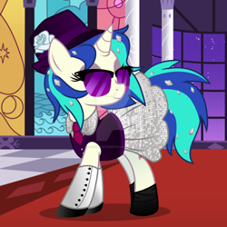 Size: 1024x1024 | Tagged: safe, artist:lostinthetrees, dj pon-3, vinyl scratch, pony, unicorn, alternate hairstyle, clothes, dress, female, flower, gala dress, hat, hooves, horn, mare, necktie, rose, shoes, smiling, solo, sunglasses, watermark, window