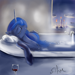 Size: 1280x1280 | Tagged: safe, artist:silfoe, derpibooru import, princess luna, alicorn, pony, bath, bathtub, candle, cloud, eyes closed, female, lunadoodle, mare, relaxing, smiling, solo, steam, water, wine, wine glass