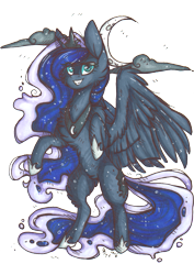 Size: 777x1095 | Tagged: safe, artist:tenebristayga, princess luna, alicorn, pony, fluffy, grin, moon, rearing, simple background, solo, spread wings, traditional art, transparent background