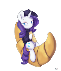 Size: 1500x1750 | Tagged: safe, artist:alasou, derpibooru import, rarity, pony, unicorn, baguette, beatnik rarity, beret, bread, clothes, croissant, eyeshadow, food, french, hat, looking at you, solo, sweater, turtleneck