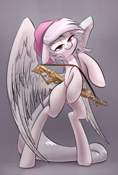 Size: 1181x1748 | Tagged: safe, artist:underpable, derpibooru import, oc, oc only, pegasus, pony, bipedal, gun, solo, weapon